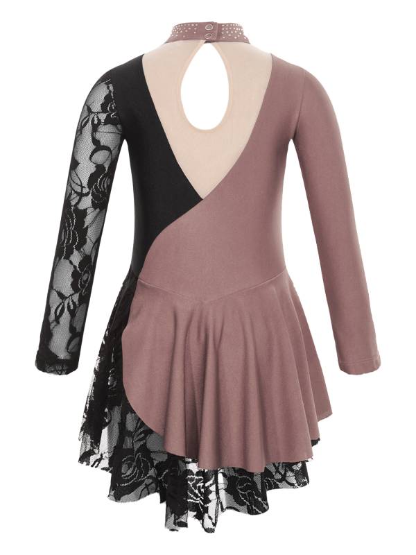 Kids Girls Color Block Long Sleeve Rhinestones Lace Figure Skating Dress thumb