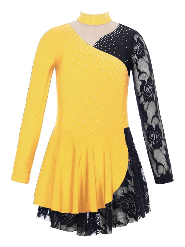 Kids Girls Color Block Long Sleeve Rhinestones Lace Figure Skating Dress thumb
