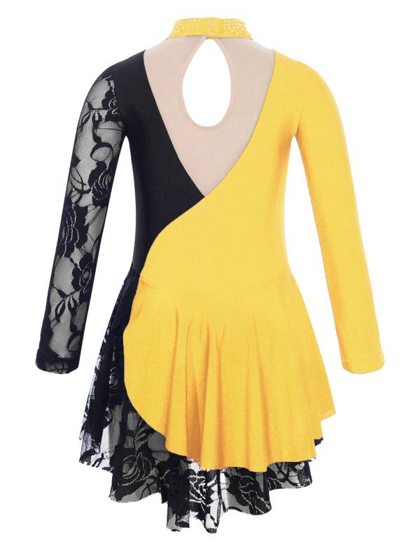 Kids Girls Color Block Long Sleeve Rhinestones Lace Figure Skating Dress thumb