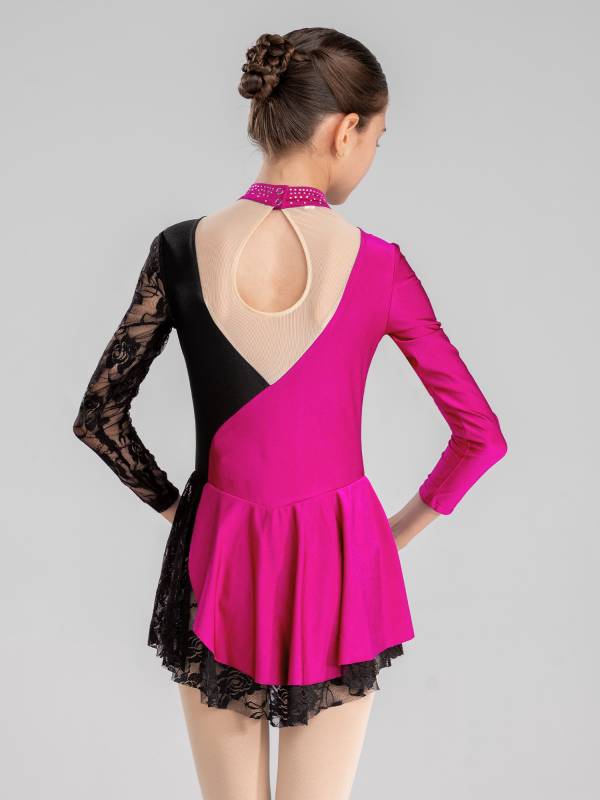 Kids Girls Color Block Long Sleeve Rhinestones Lace Figure Skating Dress thumb