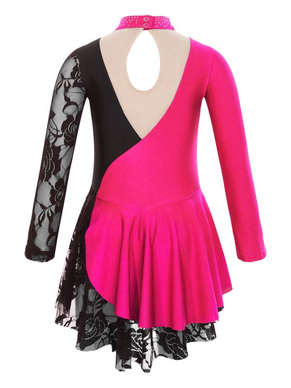 Kids Girls Color Block Long Sleeve Rhinestones Lace Figure Skating Dress thumb