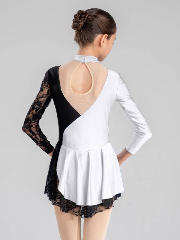 Kids Girls Color Block Long Sleeve Rhinestones Lace Figure Skating Dress thumb