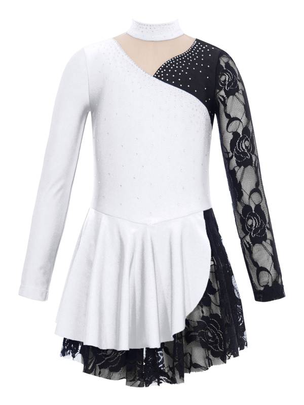 Kids Girls Color Block Long Sleeve Rhinestones Lace Figure Skating Dress thumb