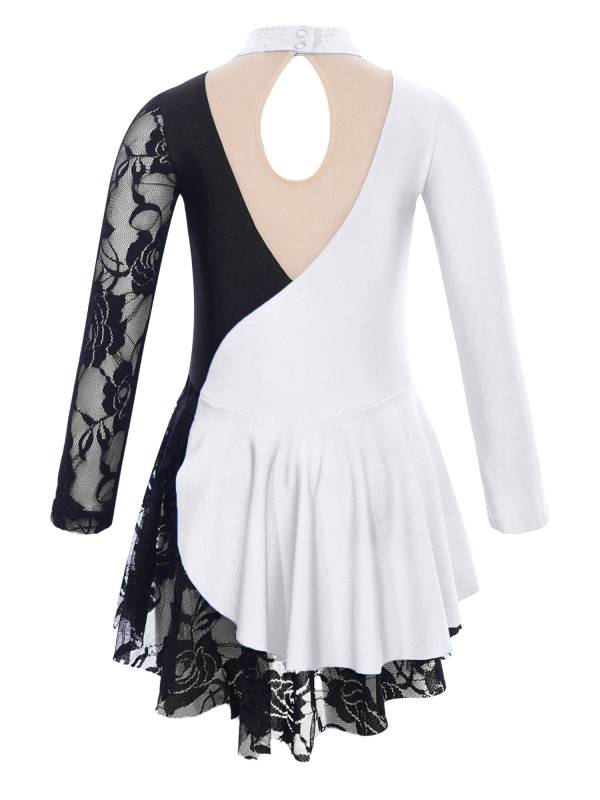 Kids Girls Color Block Long Sleeve Rhinestones Lace Figure Skating Dress thumb