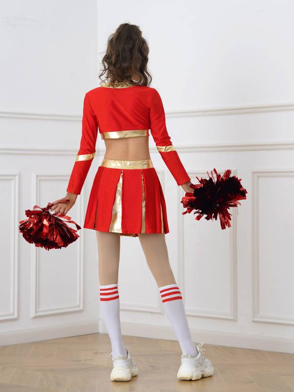 Kids Girls 2pcs Color Block Cheerleading Dance Outfit Crop Top with Skirt thumb