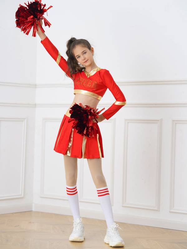 Kids Girls 2pcs Color Block Cheerleading Dance Outfit Crop Top with Skirt thumb