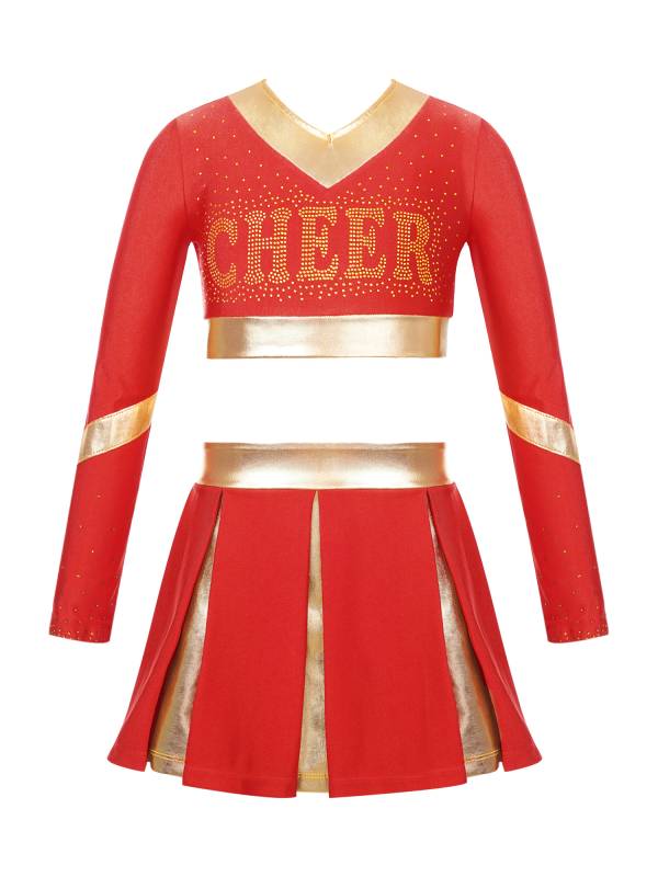Kids Girls 2pcs Color Block Cheerleading Dance Outfit Crop Top with Skirt thumb