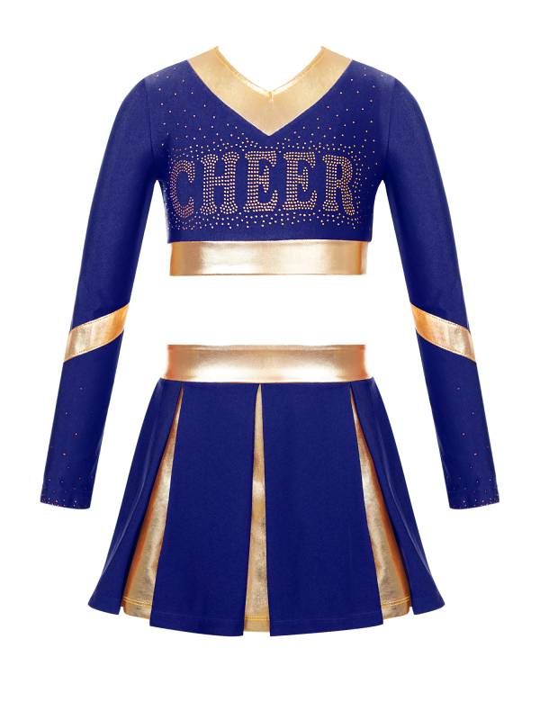 Kids Girls 2pcs Color Block Cheerleading Dance Outfit Crop Top with Skirt thumb