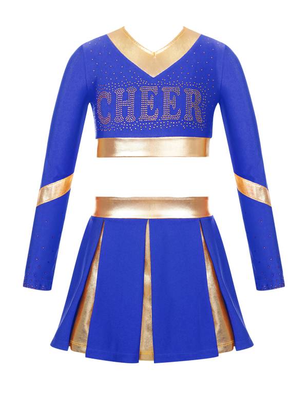 Kids Girls 2pcs Color Block Cheerleading Dance Outfit Crop Top with Skirt thumb