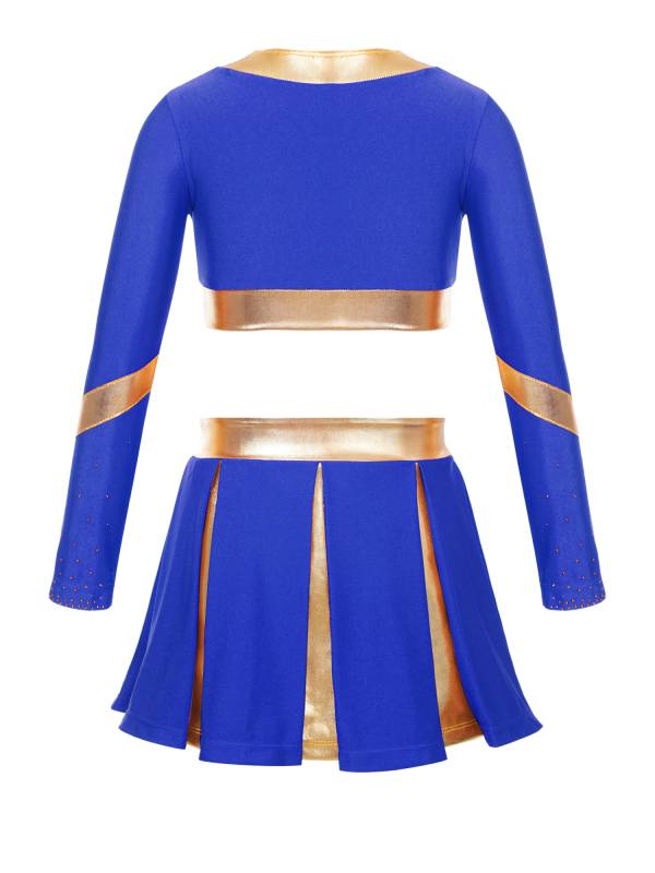 Kids Girls 2pcs Color Block Cheerleading Dance Outfit Crop Top with Skirt thumb