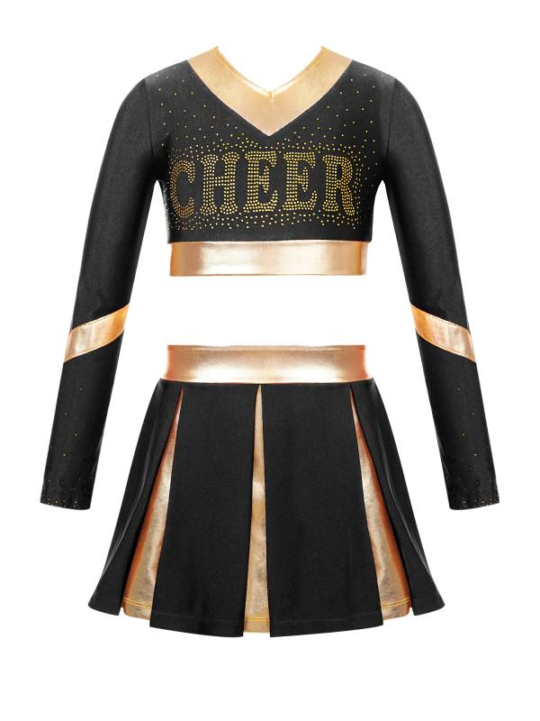 Kids Girls 2pcs Color Block Cheerleading Dance Outfit Crop Top with Skirt thumb