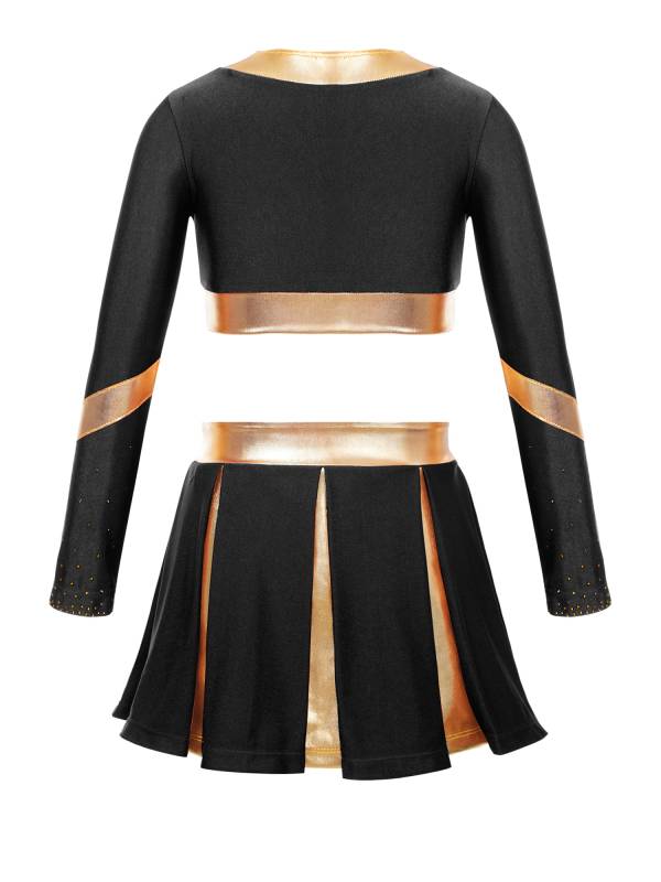 Kids Girls 2pcs Color Block Cheerleading Dance Outfit Crop Top with Skirt thumb