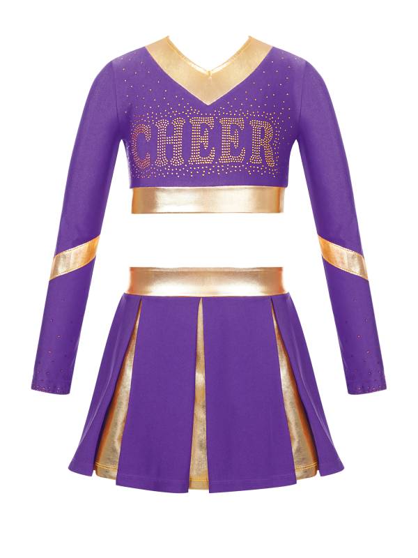 Kids Girls 2pcs Color Block Cheerleading Dance Outfit Crop Top with Skirt thumb