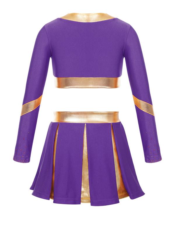 Kids Girls 2pcs Color Block Cheerleading Dance Outfit Crop Top with Skirt thumb
