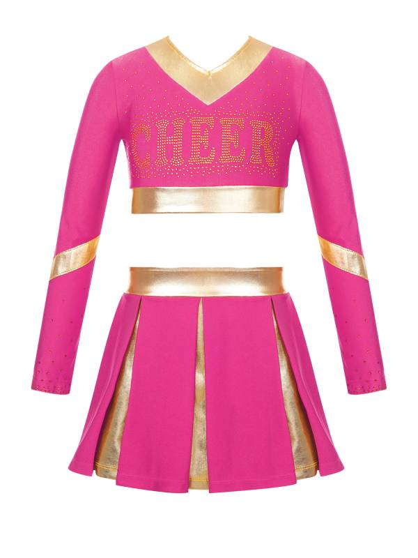 Kids Girls 2pcs Color Block Cheerleading Dance Outfit Crop Top with Skirt thumb