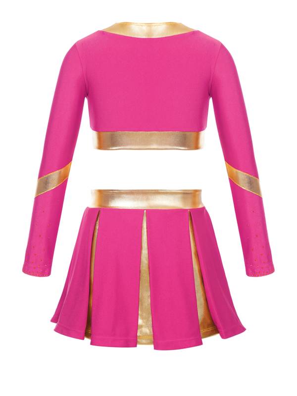 Kids Girls 2pcs Color Block Cheerleading Dance Outfit Crop Top with Skirt thumb