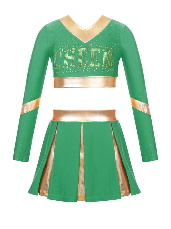 Kids Girls 2pcs Color Block Cheerleading Dance Outfit Crop Top with Skirt thumb