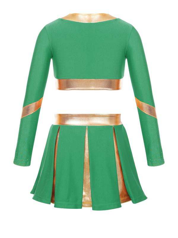 Kids Girls 2pcs Color Block Cheerleading Dance Outfit Crop Top with Skirt thumb