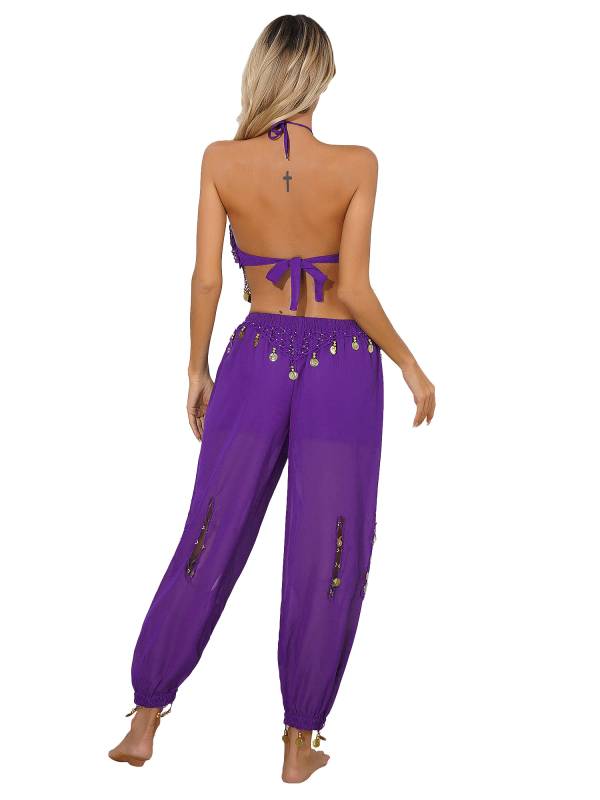 Women 2pcs Beads Coins Tassels Belly Dance Outfit thumb