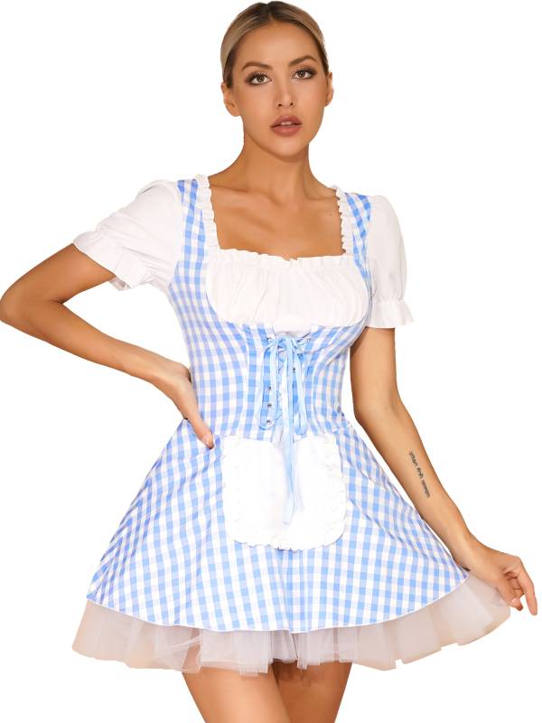 Women Halloween Miss Muffet Lace-Up Ruffle Apron Plaid Maid Dress thumb