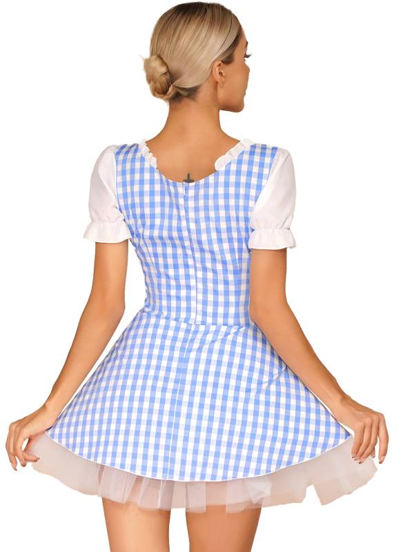 Women Halloween Miss Muffet Lace-Up Ruffle Apron Plaid Maid Dress thumb