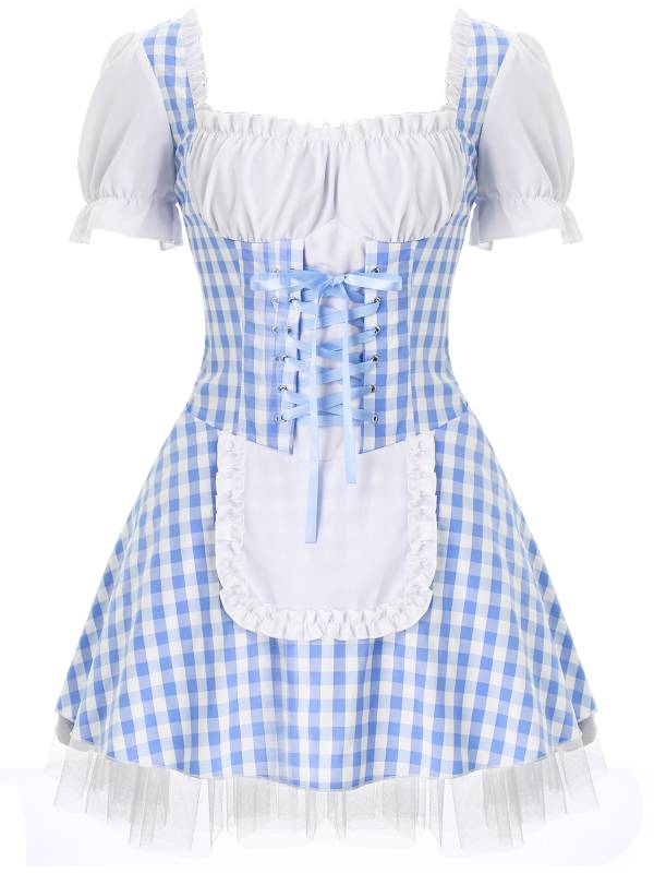 Women Halloween Miss Muffet Lace-Up Ruffle Apron Plaid Maid Dress thumb