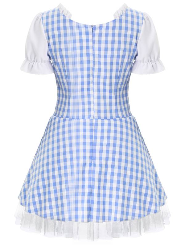 Women Halloween Miss Muffet Lace-Up Ruffle Apron Plaid Maid Dress thumb