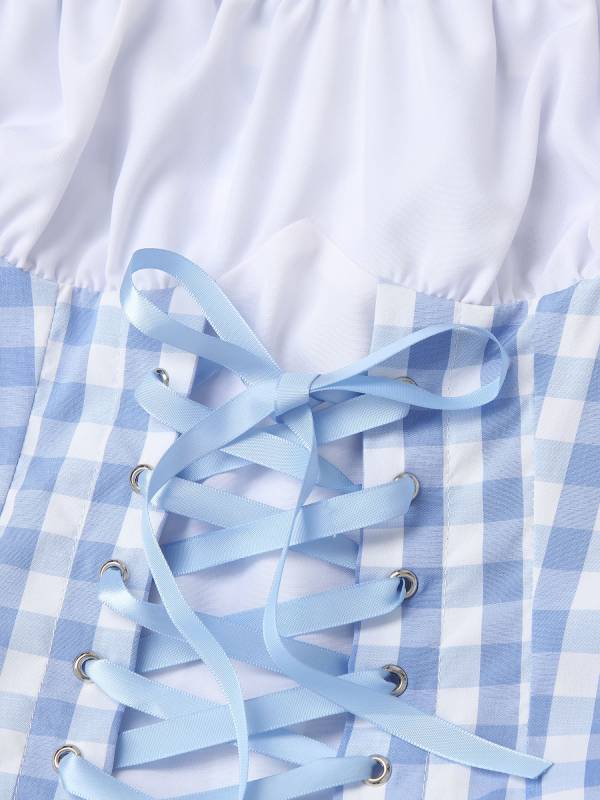 Women Halloween Miss Muffet Lace-Up Ruffle Apron Plaid Maid Dress thumb