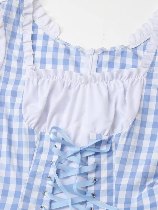 Women Halloween Miss Muffet Lace-Up Ruffle Apron Plaid Maid Dress thumb