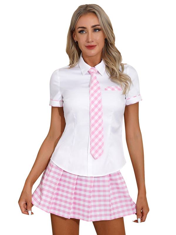 Women 3pcs Shirt and Plaid Skirt with Tie Schoolgirl Cosplay Costumes thumb