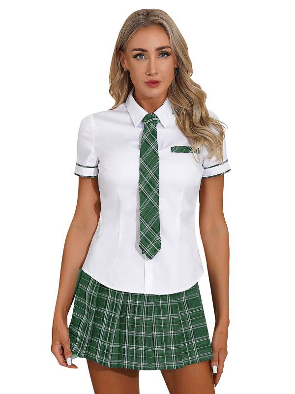 Women 3pcs Shirt and Plaid Skirt with Tie Schoolgirl Cosplay Costumes thumb