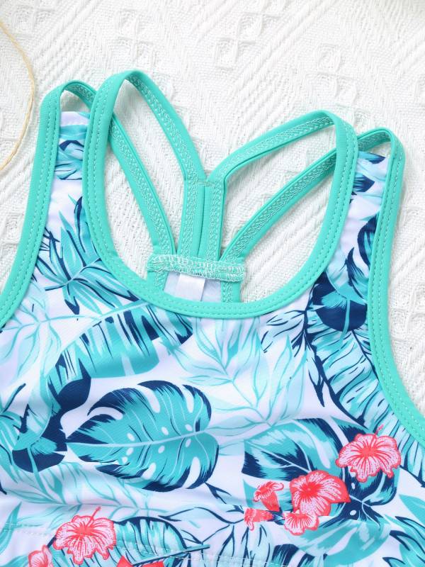 Kids Girls Three Pieces Tropical Print Swim Tankini Sets thumb