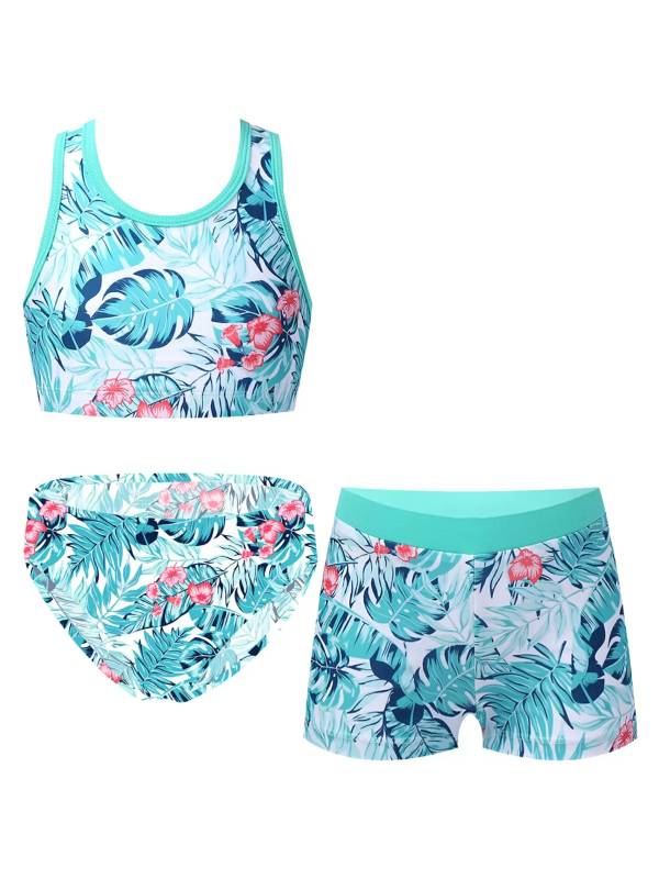 Kids Girls Three Pieces Tropical Print Swim Tankini Sets thumb