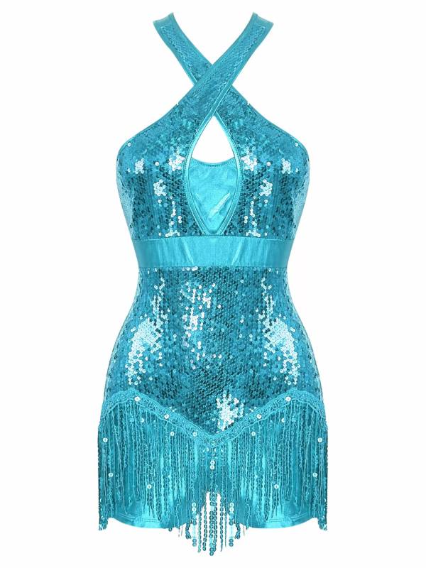 Women Sequins Tassel Latin Dance Leotard thumb