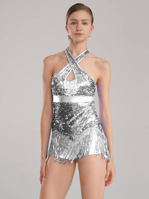 Women Sequins Tassel Latin Dance Leotard thumb