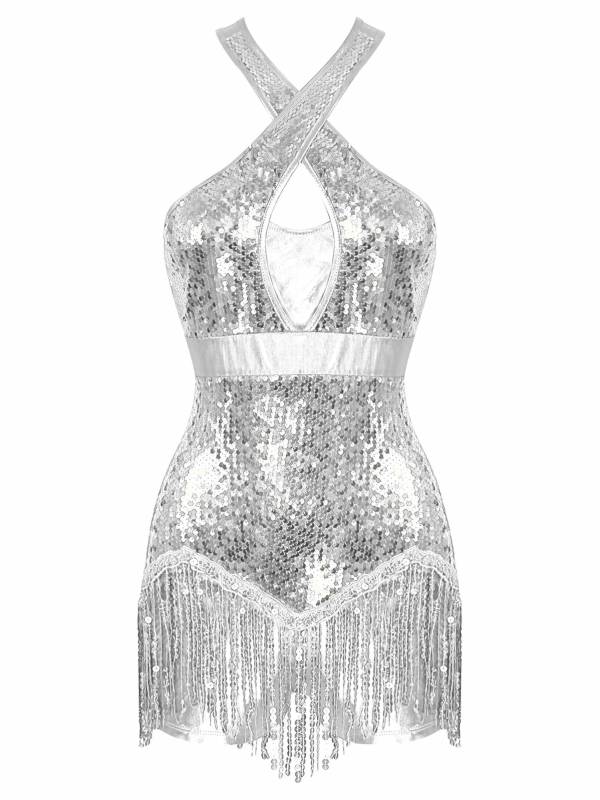 Women Sequins Tassel Latin Dance Leotard thumb
