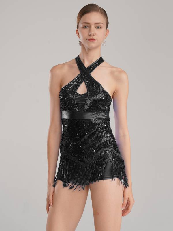 Women Sequins Tassel Latin Dance Leotard thumb