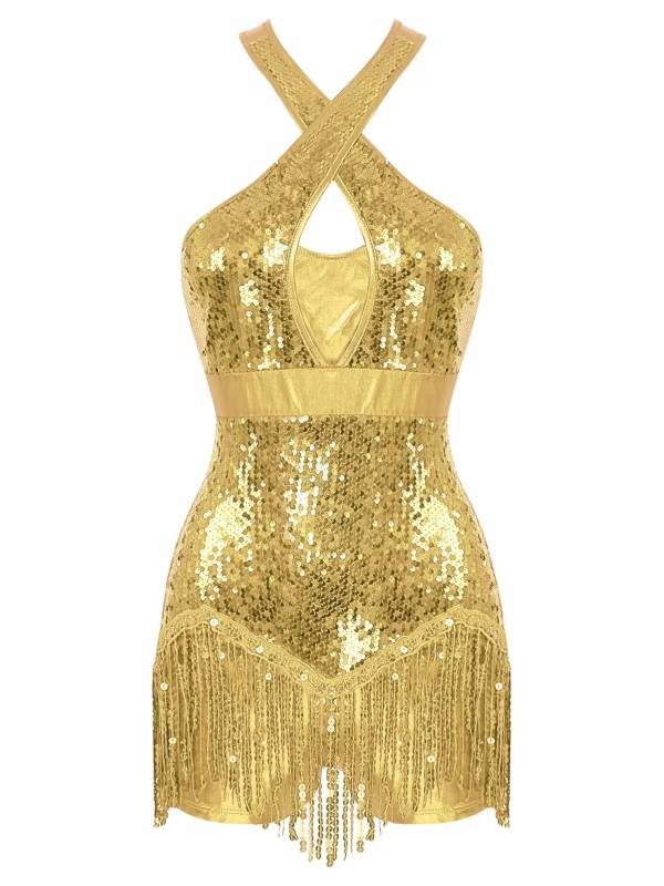 Women Sequins Tassel Latin Dance Leotard thumb