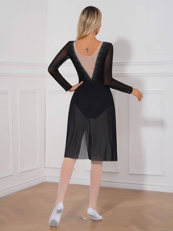Women Shiny Rhinestones Long Sleeve Side Slit Lyrical Dance Dress thumb