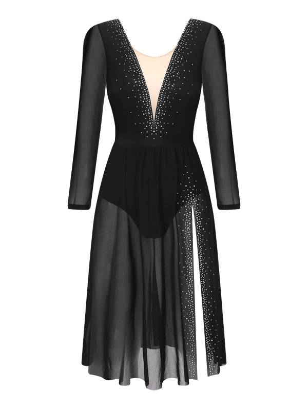 Women Shiny Rhinestones Long Sleeve Side Slit Lyrical Dance Dress thumb