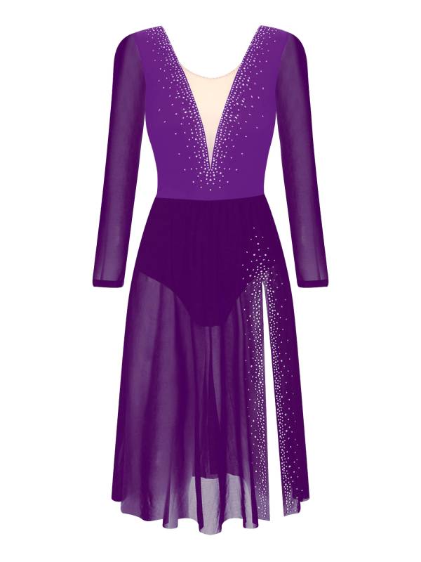 Women Shiny Rhinestones Long Sleeve Side Slit Lyrical Dance Dress thumb