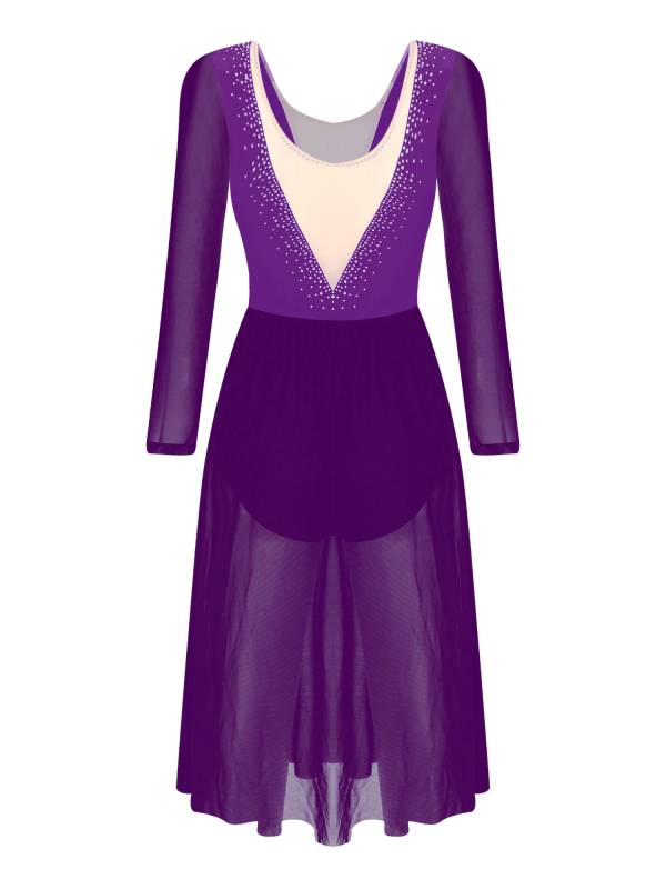 Women Shiny Rhinestones Long Sleeve Side Slit Lyrical Dance Dress thumb