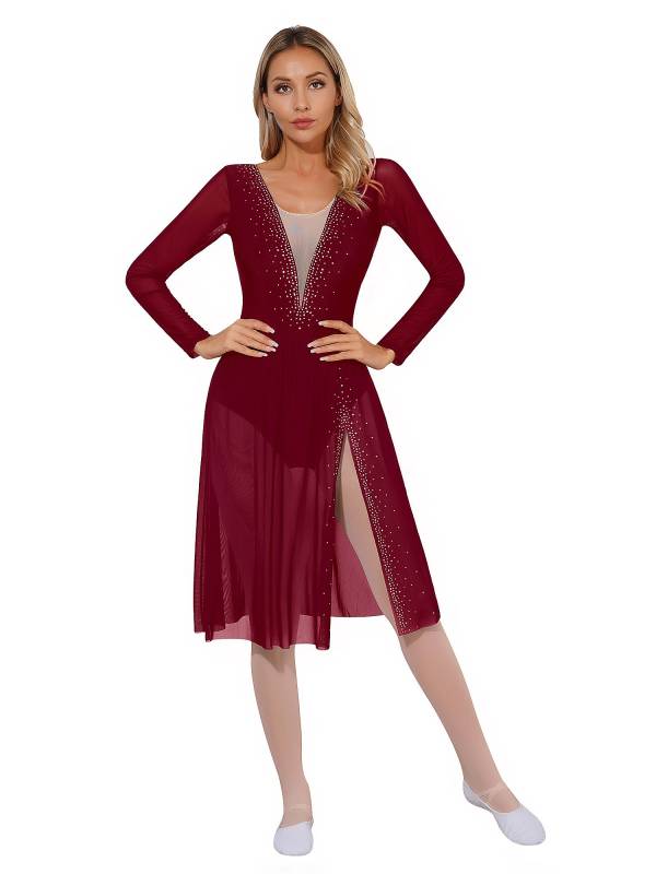 Women Shiny Rhinestones Long Sleeve Side Slit Lyrical Dance Dress thumb