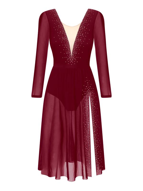 Women Shiny Rhinestones Long Sleeve Side Slit Lyrical Dance Dress thumb