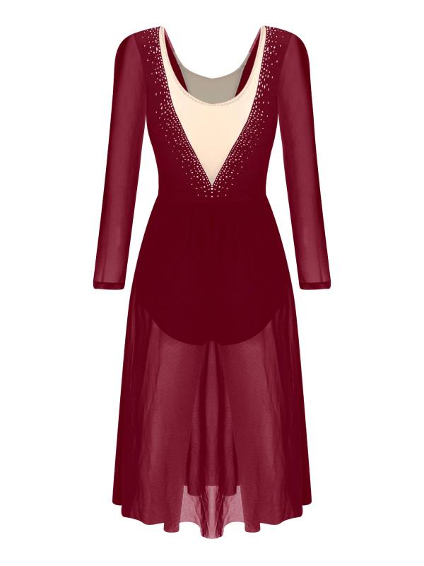 Women Shiny Rhinestones Long Sleeve Side Slit Lyrical Dance Dress thumb