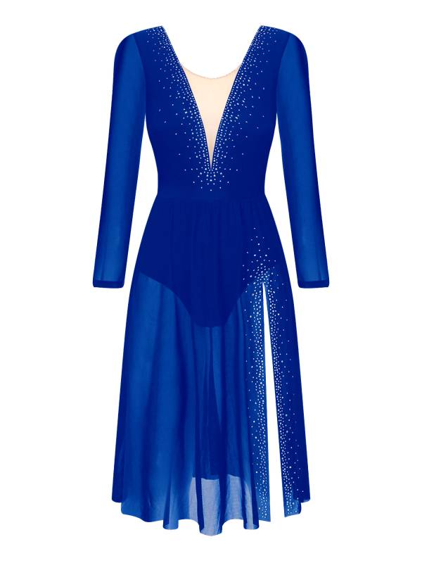 Women Shiny Rhinestones Long Sleeve Side Slit Lyrical Dance Dress thumb
