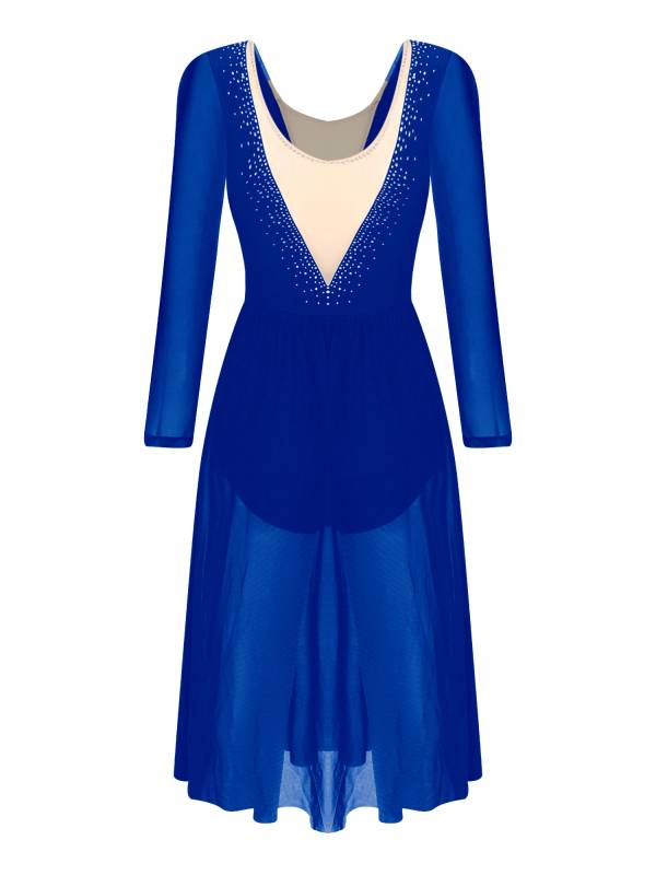 Women Shiny Rhinestones Long Sleeve Side Slit Lyrical Dance Dress thumb