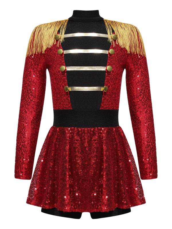 Kids Girls Long Sleeve Sequins Tassel Ringmaster Circus Leotard Dress thumb