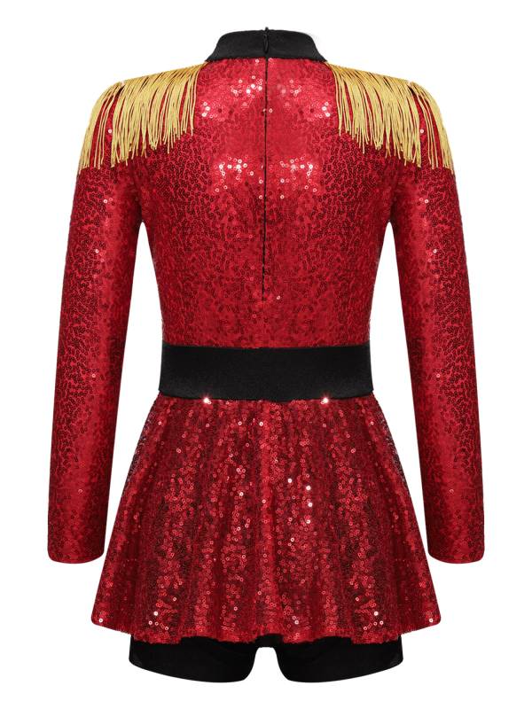 Kids Girls Long Sleeve Sequins Tassel Ringmaster Circus Leotard Dress thumb