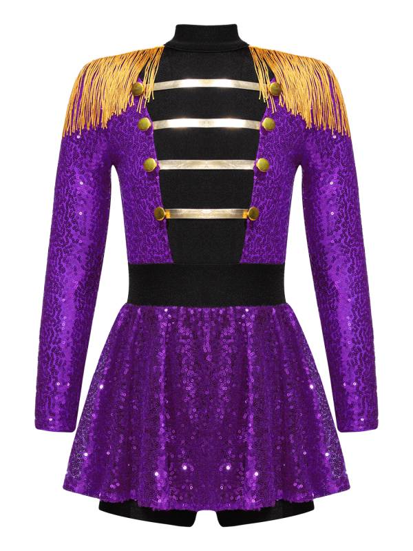 Kids Girls Long Sleeve Sequins Tassel Ringmaster Circus Leotard Dress thumb